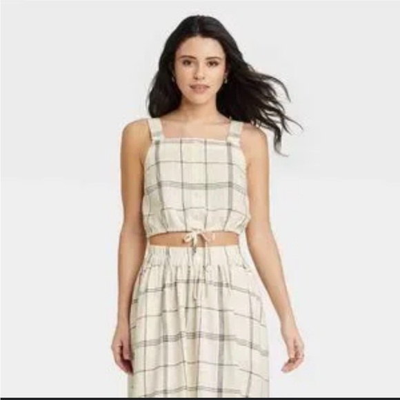 a new day Tops - a new day cropped window pane linen blend top